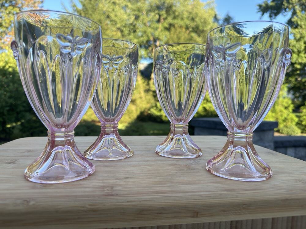 Vtg Lenox Dragonfly Butterfly Meadow 6-1/4” Pink Water Glass Goblet 8oz~Set Of 4